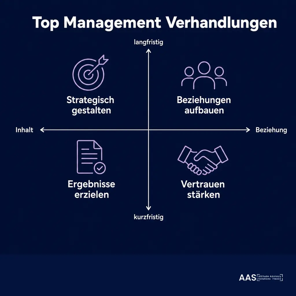 Infografik: Drei Hebel in Top-Management-Verhandlungen. Position und Interesse trennen, Asymmetrien bewusst ansprechen, Legitimität externer Maßstäbe nutzen.