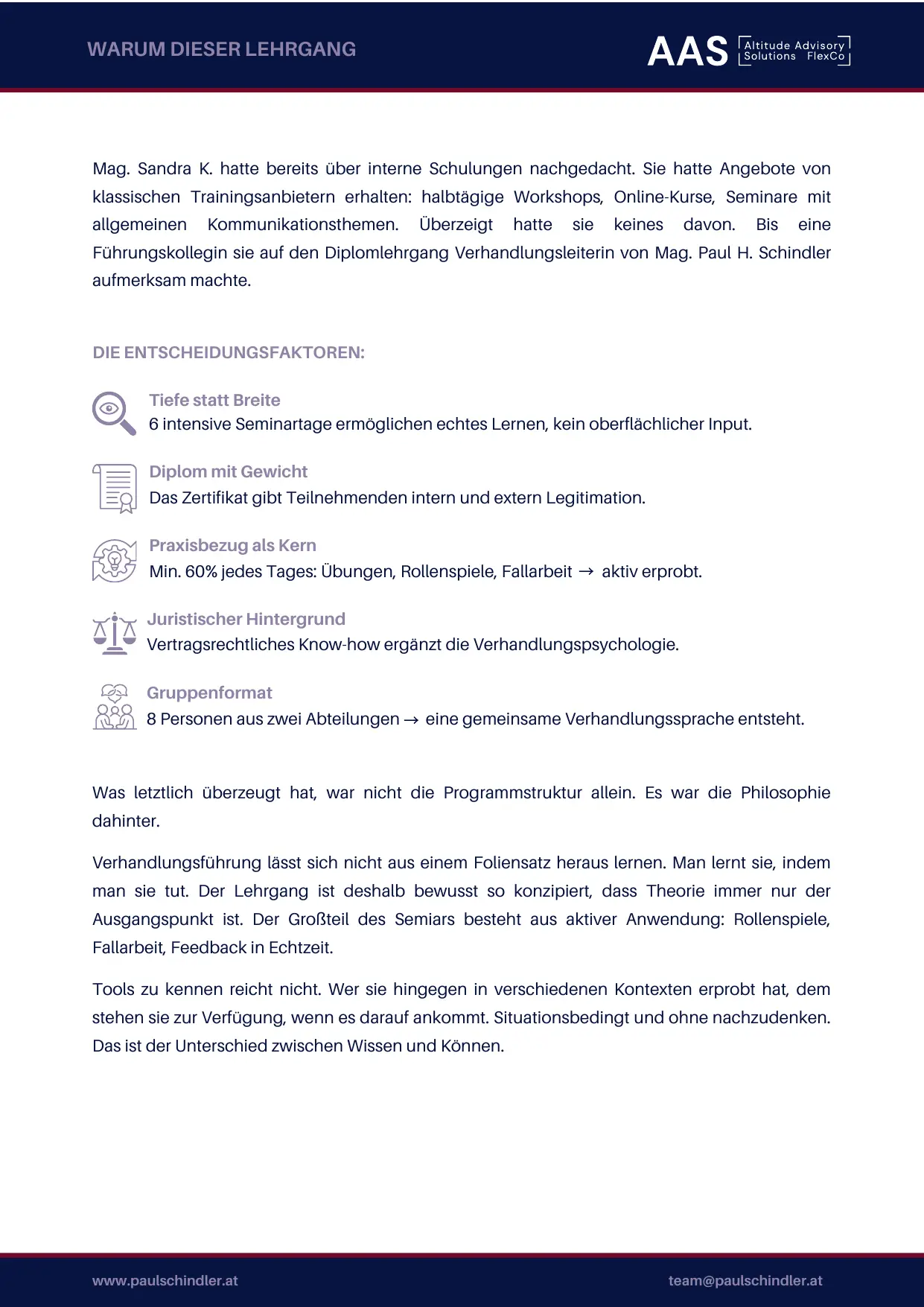 Case Study Seite – Die 6 Seminartage im Detail